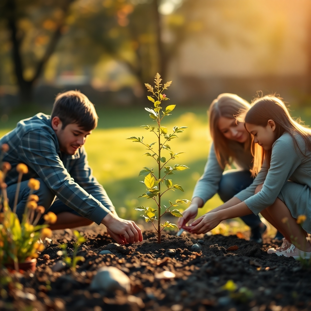 Create a stylized image of a family planting a tree in a memorial garden, symbolizing growth, remembrance, and enduring legacy. Warm, natural lighting enhances the sense of connection and hope. Camera angle: medium shot, focusing on the family's interaction and the growing tree. Style: hopeful, familial, and lasting, 4k high quality