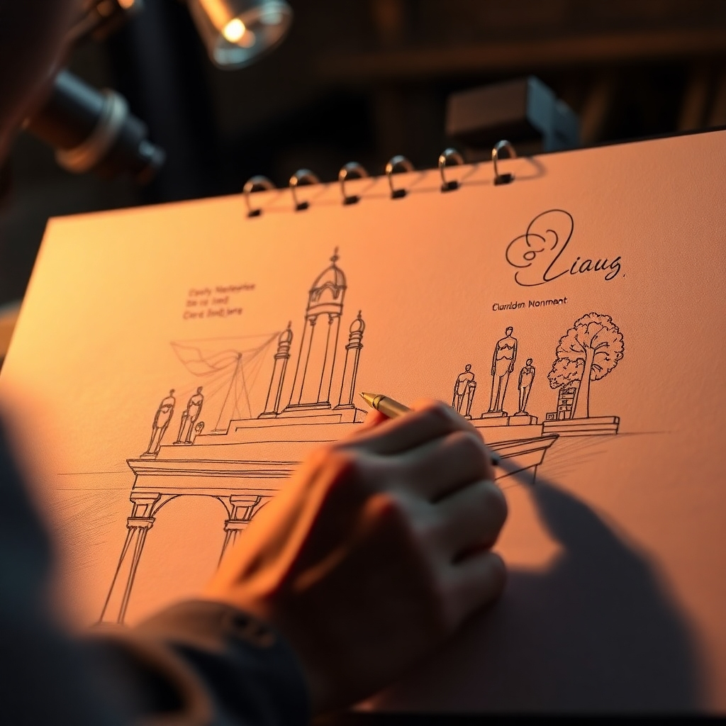 Create a stylized image of an artist sketching a custom monument design, incorporating personal elements and unique symbolism. Warm, creative lighting enhances the artistic process and the individual's vision. Camera angle: close-up, focusing on the artist's hand and the emerging design. Style: creative, personal, and meaningful, 4K resolution, high quality.