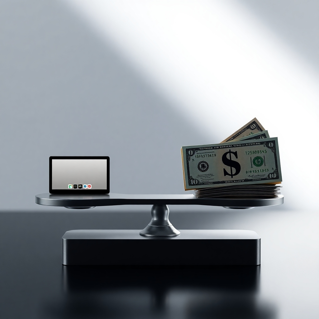 A clean and modern graphic showing a balanced scale with a video editing project on one side and money on the other, symbolizing value for money. The lighting is soft and professional, creating a sense of trust and transparency. The color palette is neutral and reassuring, emphasizing the fairness of the pricing. Camera angle is a medium shot, focusing on the balanced scale and the elements it represents. Texture details should be smooth and clean, emphasizing the value proposition. Technical specs: 4K resolution, high quality rendering.