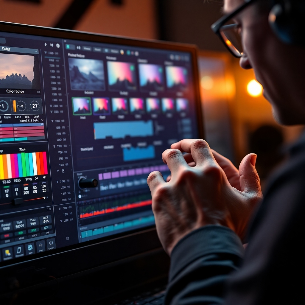 A close-up, photorealistic image of a video editor's hands meticulously adjusting color settings on a high-end editing software interface. The lighting is focused and precise, highlighting the detail in the software controls and the editor's focused expression. The color palette is a range of nuanced shades, showcasing the precision of color grading. Camera angle is a tight shot, emphasizing the editor's hands and the software interface. Texture details should be highly realistic, showcasing the intricate details of the hardware and software. Technical specs: 4K resolution, high quality rendering.