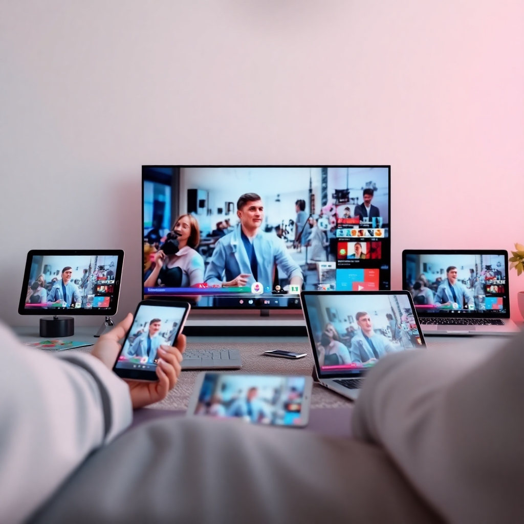 A photorealistic image displaying a video playing seamlessly across various devices and social media platforms, including smartphones, tablets, laptops, and smart TVs. The lighting is balanced and consistent, ensuring a uniform visual experience. The color palette is modern and engaging, reflecting the dynamic nature of online content. Camera angle is a medium shot, showcasing the range of devices and platforms. Texture details should be crisp and clear, highlighting the quality of the video playback. Technical specs: 4K resolution, high quality rendering.