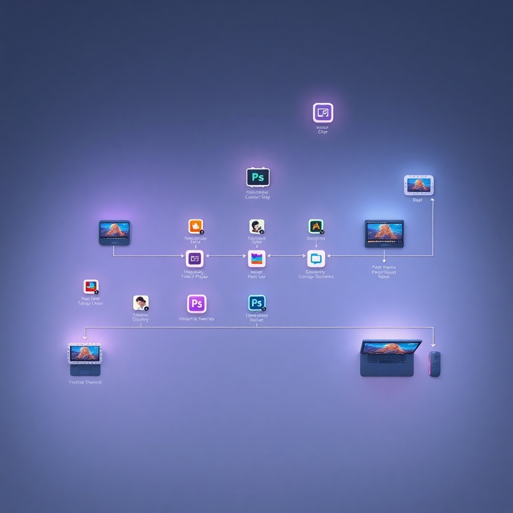 A photorealistic image illustrating a video editing workflow, from importing footage to exporting the final product, depicted as icons or small vignettes. The lighting is clean and professional, highlighting each step in the process. The color palette is organized and informative, using different colors to represent different stages of editing. Camera angle is an overhead shot, showing the entire workflow at a glance. Texture details should be smooth and clear, emphasizing the streamlined process. Technical specs: 4K resolution, high quality rendering.