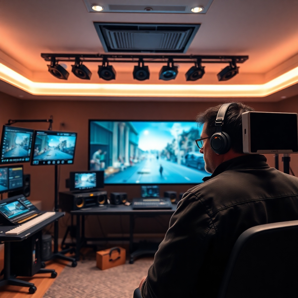 A photorealistic image of a color grading suite, featuring advanced color correction tools and a large screen displaying a cinematic scene. The lighting is soft and diffused, creating a comfortable and professional environment. The color palette is rich and nuanced, showcasing the subtle shades and tones. Camera angle is a medium shot, capturing the editor's focused expression and the sophisticated equipment. Texture details should be highly realistic, showcasing the intricate details of the hardware and software. Technical specs: 4K resolution, high quality rendering.