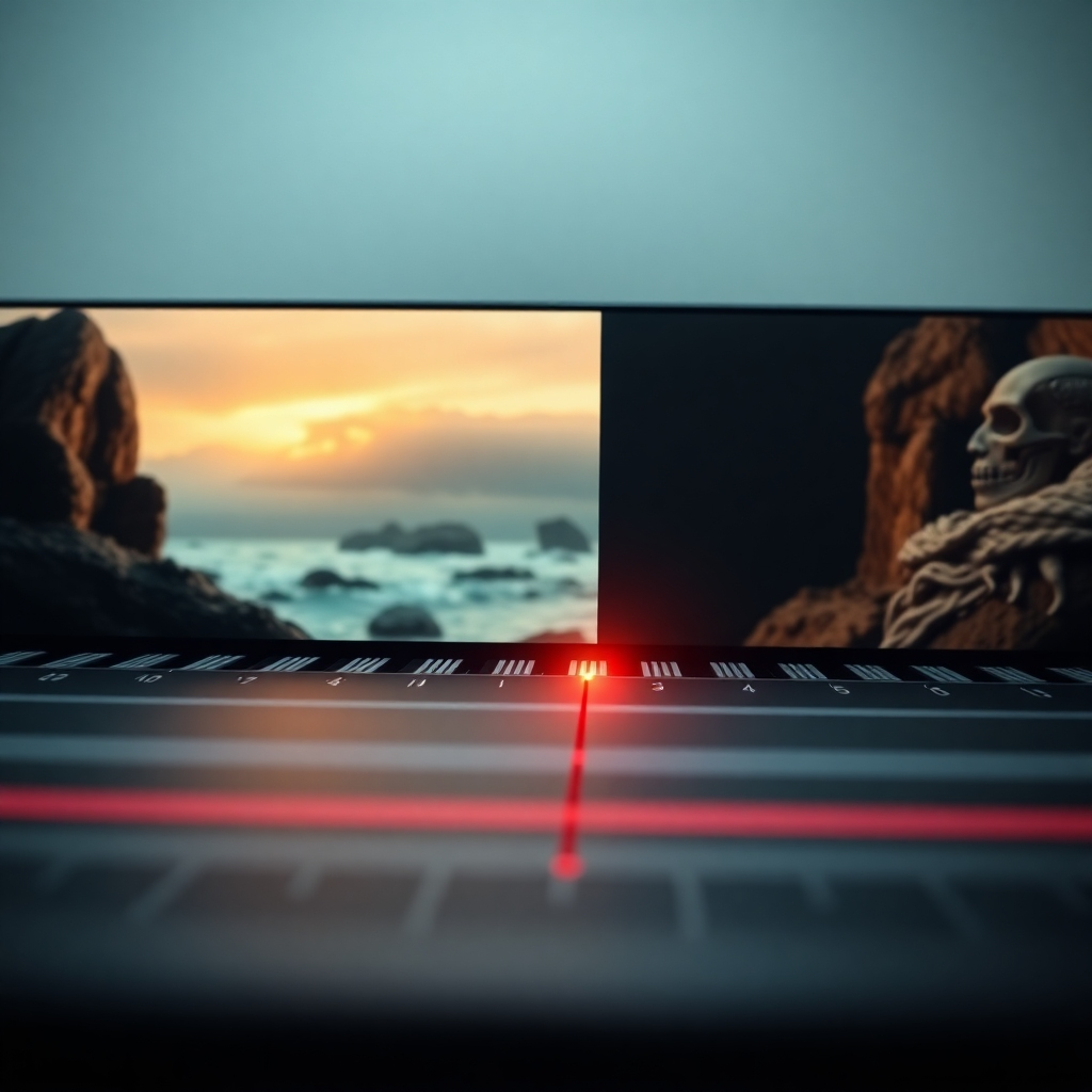 A photorealistic image of a video editing timeline showing a seamless transition between two captivating scenes. The lighting is soft and even, highlighting the smoothness of the transition. The color palette is rich and cinematic, emphasizing the visual storytelling. Camera angle is a close-up shot, focusing on the video timeline and the transition point. Texture details should be crisp and clear, showcasing the precision of the editing. Technical specs: 4K resolution, high quality rendering.