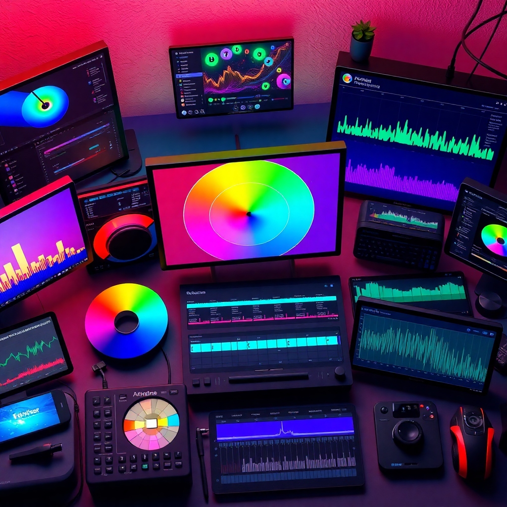 A photorealistic image of different video editing tools displayed in a visually appealing arrangement, including software interfaces, color wheels, and audio waveforms. The lighting is dynamic and energetic, emphasizing the creative potential of the tools. The color palette is diverse and inspiring, reflecting the variety of creative options. Camera angle is a high-angle shot, showcasing the full arrangement of the editing tools. Texture details should be highly realistic, showcasing the detail of the hardware and software interfaces. Technical specs: 4K resolution, high quality rendering.