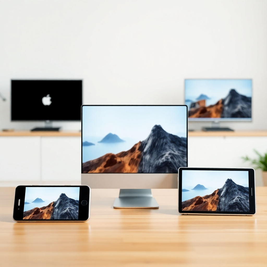 A photorealistic image of various video formats (horizontal, vertical, square) being displayed on different devices (smartphone, tablet, computer). The background is blurred, keeping focus on the range of video formats. The lighting is soft and even, illuminating the devices and video displays. The color palette is clean and modern, emphasizing the diversity of video formats. Camera angle is a medium shot, showcasing the range of devices and video formats. Texture details should be crisp and clear, highlighting the quality of the video displays. Technical specs: 4K resolution, high quality rendering.