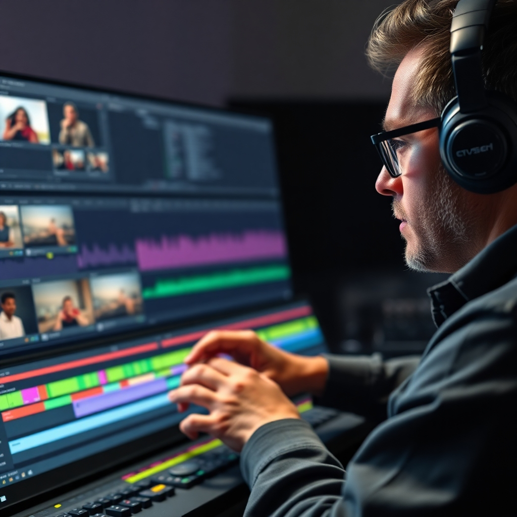 A photorealistic image showcasing a video editor working on a complex timeline, with multiple layers of video and audio tracks. The lighting is focused and precise, highlighting the detail in the software interface. The color palette is vibrant and dynamic, showcasing the creative process. Camera angle is a medium shot, capturing the editor's focused expression and the complexity of the timeline. Texture details should be highly realistic, showcasing the intricate details of the hardware and software. Technical specs: 4K resolution, high quality rendering.