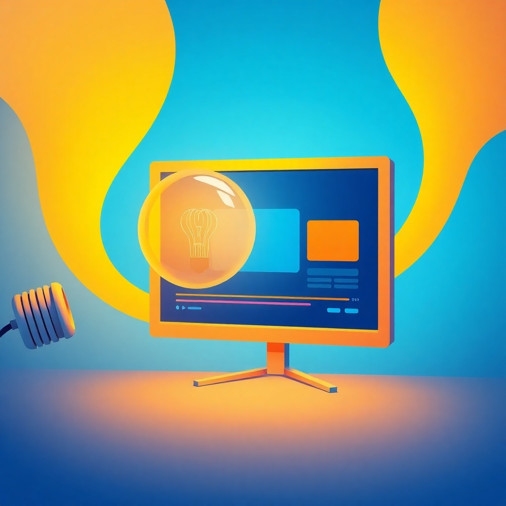 A stylized illustration depicting a lightbulb emitting video streams that morph into a finished video project on a screen. The color palette is vibrant and creative, using shades of blue, yellow, and orange. The lighting is soft and warm, symbolizing the creative process. Camera angle is a medium shot, showing the flow of ideas transforming into a final product. Texture details should be smooth and clean, emphasizing the visual metaphor. Style reference: modern graphic design. Technical specs: 4K resolution, high quality rendering.