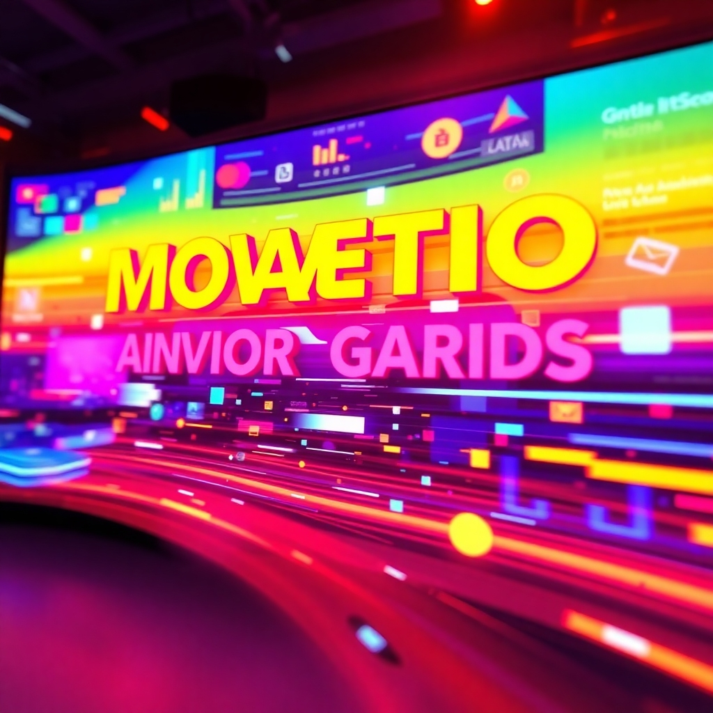 A stylized image of dynamic motion graphics elements flowing across a video screen, including animated text, icons, and visual effects. The lighting is vibrant and energetic, emphasizing the visual impact of the motion graphics. The color palette is bold and eye-catching, showcasing the creative potential. Camera angle is a close-up shot, focusing on the movement and detail of the graphics. Texture details should be smooth and polished, emphasizing the quality of the visual effects. Style reference: modern motion graphics design. Technical specs: 4K resolution, high quality rendering.