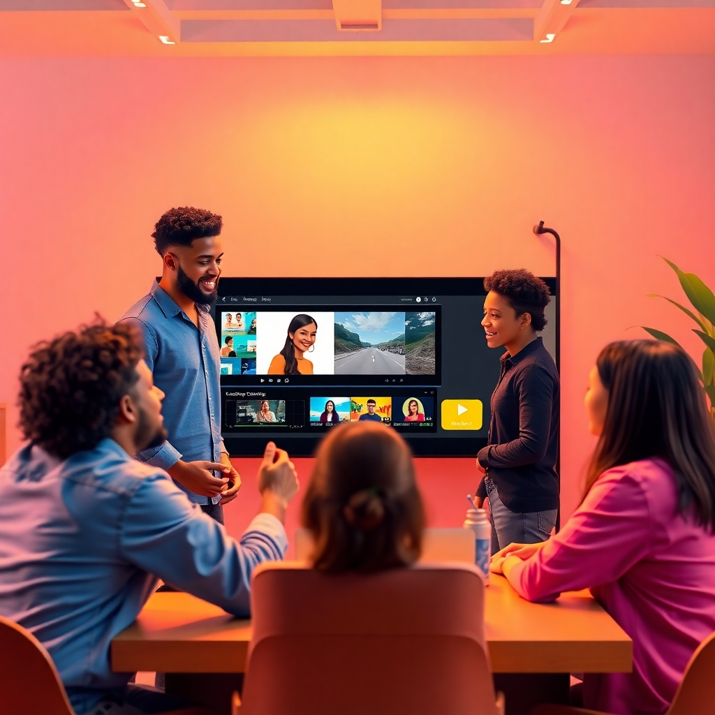 A stylized image representing the collaborative spirit of Creative Video Editing. The scene features diverse individuals working together around a large interactive screen, brainstorming ideas for a video project. The lighting is warm and inviting, creating a sense of teamwork and creativity. The color palette is vibrant and optimistic, with pops of color representing different aspects of the video editing process. Camera angle is a medium shot, capturing the expressions and interactions of the team members. Texture details should be smooth and clean, with a focus on the modern design of the workspace. Style reference: a modern tech startup aesthetic. Technical specs: 4K resolution, high quality rendering.