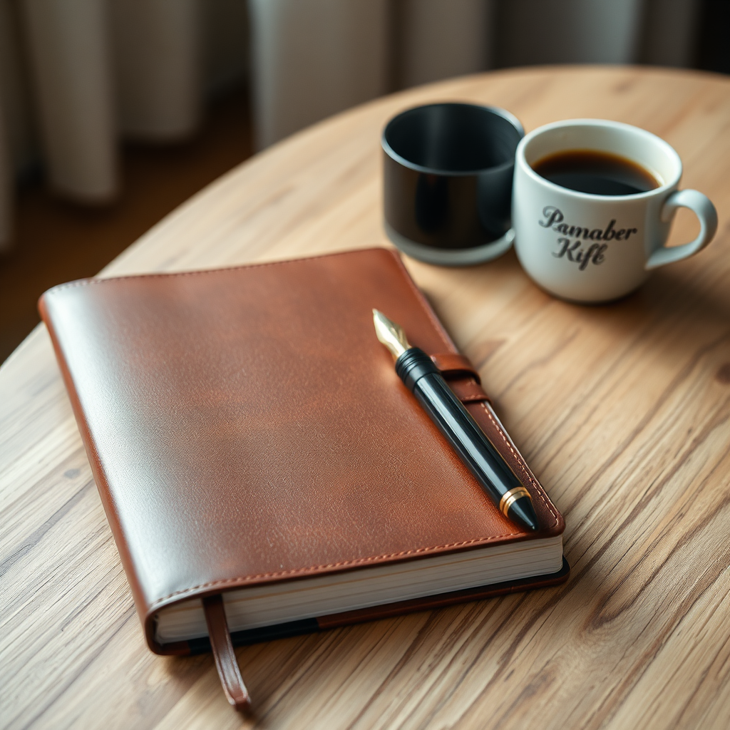 Minimalist desk setting with journal and coffee
