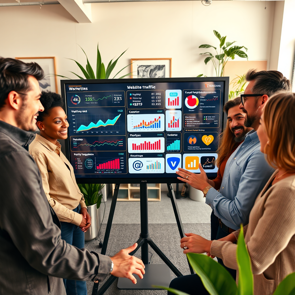 4K resolution, high-quality image. A diverse team of digital marketing experts collaborating around a large interactive display. The display showcases data analytics, website traffic, and social media engagement metrics. The team members are engaged in a lively discussion, with gestures and expressions conveying enthusiasm and expertise. The lighting is warm and inviting, creating a sense of trust and collaboration. The color palette is earthy and natural, with pops of vibrant colors on the display. The background is a modern office space with plants and artwork, promoting a creative and professional environment. Camera angle is eye-level, capturing the team's interactions and the display's details. Style: Modern, collaborative, and transparent. Environment: Casual modern office. Props: Interactive digital whiteboard.