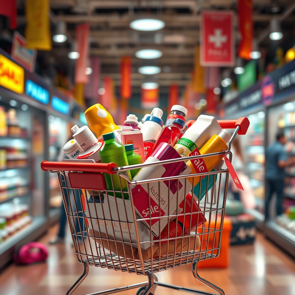 A photorealistic image of a shopping cart overflowing with products, with each product having a small 'sale' tag attached. The background is a vibrant, bustling online marketplace, with other stores and shoppers visible in the distance. Light glints off the products and the cart, creating a sense of value and excitement. The camera angle is slightly above, looking down at the cart, emphasizing the abundance of products. 4K resolution, hyperrealistic.