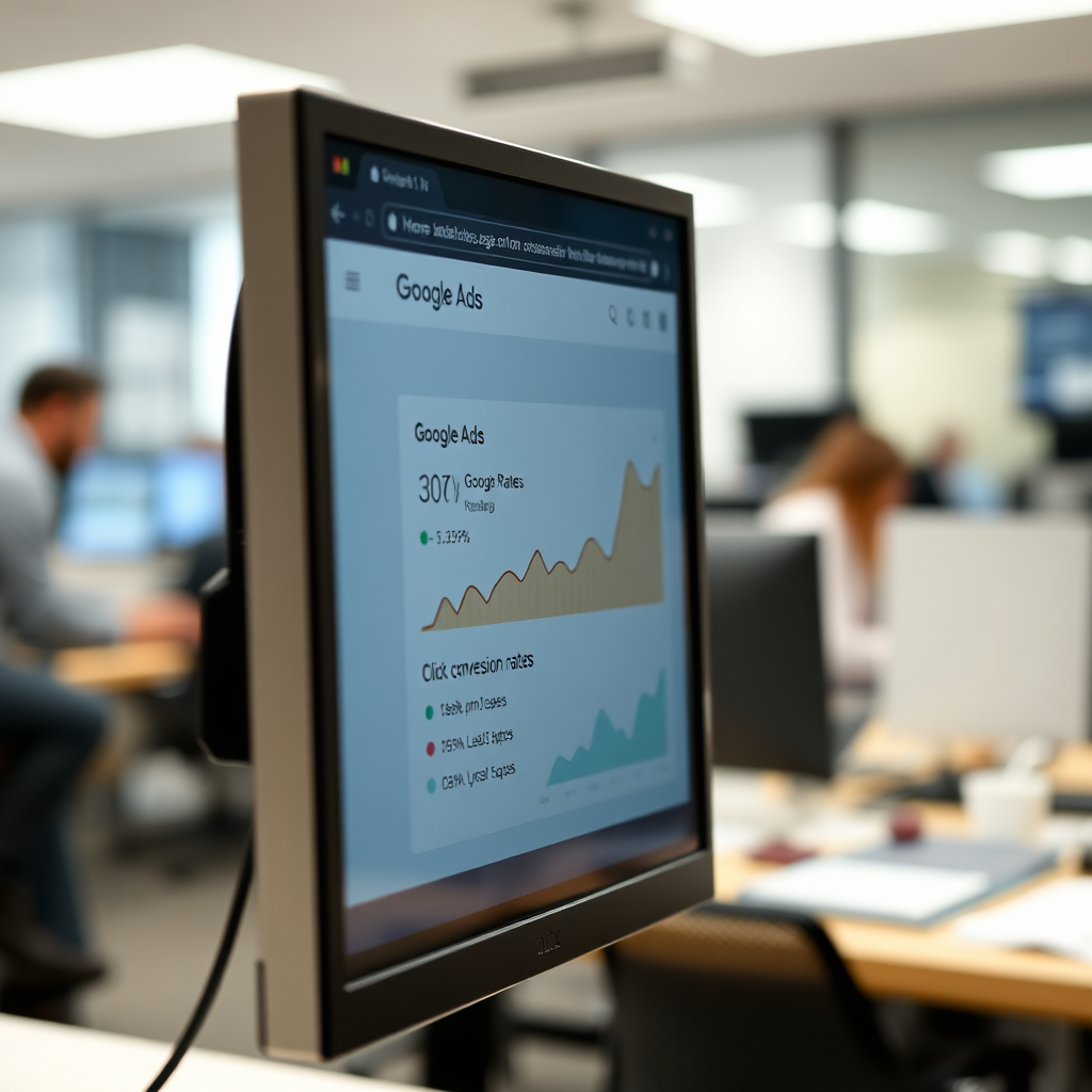 Photorealistic image. A close-up of a computer screen displaying a Google Ads interface, showcasing a well-optimized ad campaign with high click-through rates and conversion rates. The screen is brightly lit, and the interface is clean and professional. The background is a blurred office setting, suggesting a busy and productive environment. The camera angle is focused on the screen, emphasizing the performance metrics. 4K resolution, hyperrealistic details.