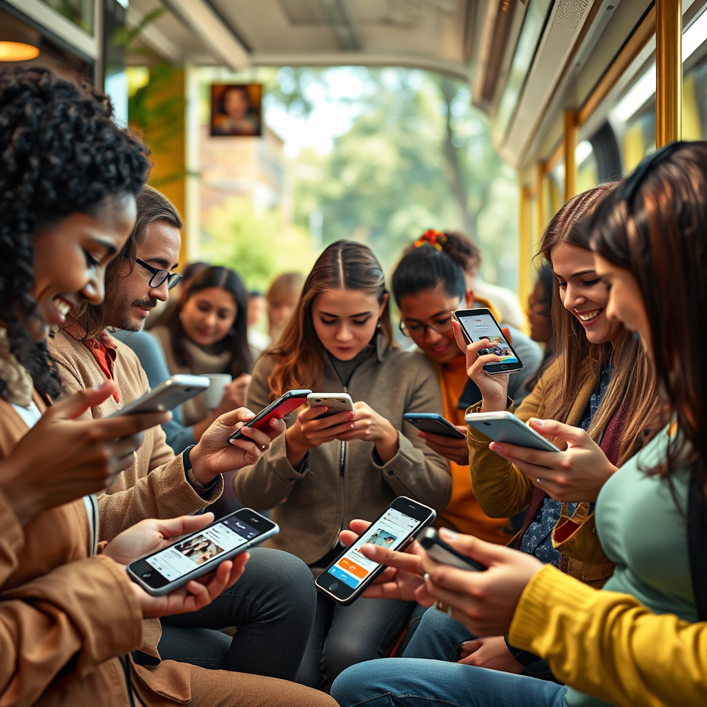 Photorealistic image. A diverse group of people interacting with their smartphones in various settings (e.g., coffee shop, park, public transportation). The smartphones display different types of digital content (e.g., website, social media feed, mobile app). The people are engaged and happy, using their smartphones to connect and interact. The lighting is natural and bright, creating a sense of realism and vibrancy. The color palette is a mix of bright and bold colors, representing the diversity of mobile experiences. The camera angle is a wide shot, capturing the entire scene. Style: Modern, realistic, and mobile-focused. Environment: Public and private spaces. Props: Smartphones.