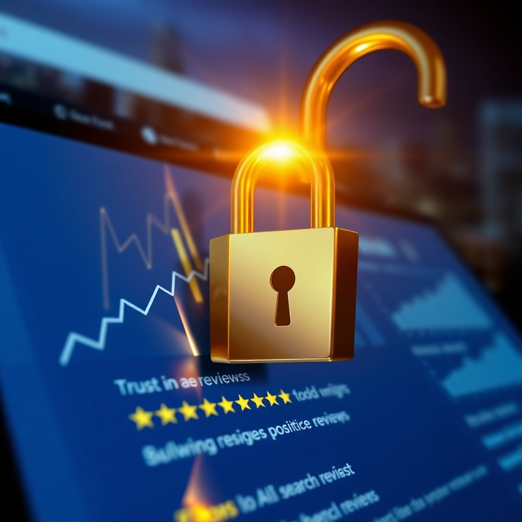Photorealistic image. A golden key unlocks a padlock on a search engine results page (SERP). The search results page displays upward-trending graphs and positive reviews. The key is shining brightly, illuminating the search results. The lighting is dramatic, creating a sense of importance and achievement. The color palette is gold and blue, symbolizing trust and value. The background is a blurred image of a cityscape, representing the potential for growth. Camera angle is a close-up, focusing on the key and the padlock. Style: Modern, sleek, and impactful. Environment: Digital search results. Props: Unlock key.