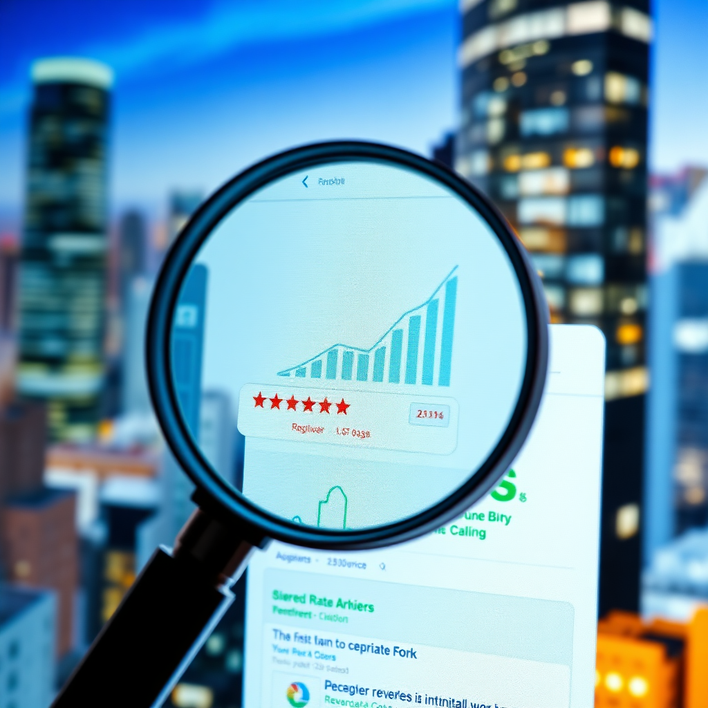 Photorealistic image. A magnifying glass hovering over a website ranking on the first page of a search engine results page (SERP). The magnifying glass is focused on the website, highlighting its importance. The website is displaying upward-trending graphs and positive reviews. The lighting is bright and clear, creating a sense of clarity and focus. The color palette is a mix of blue and green, representing trust and growth. The background is a blurred image of a cityscape, representing the potential for growth. Camera angle is a close-up, focusing on the magnifying glass and the website. Style: Modern, focused, and optimized. Environment: Digital search results page. Props: Magnifying glass.