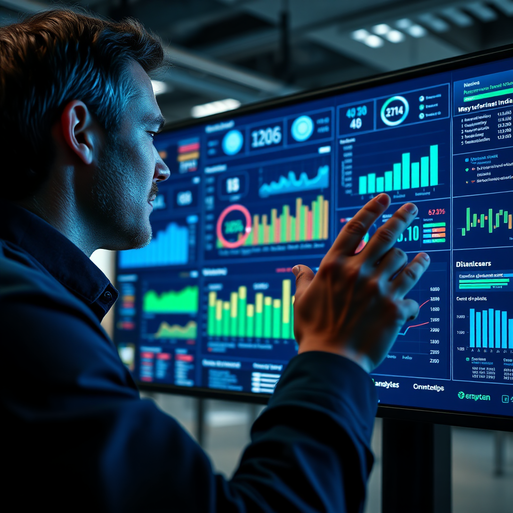 Photorealistic image. A person analyzing a complex dashboard of data analytics on a large screen. The dashboard displays charts, graphs, and key performance indicators (KPIs). The person is focused and engaged, using the data to make informed decisions. The lighting is focused and professional, highlighting the screen and the person's face. The color palette is a mix of cool blues and greens, representing data and analysis. The background is a modern office space, promoting a sense of expertise and professionalism. Camera angle is a close-up, capturing the person's expression and the details on the screen. Style: Modern, professional, and data-driven. Environment: Modern office analytics space. Props: Data analytics dashboards.