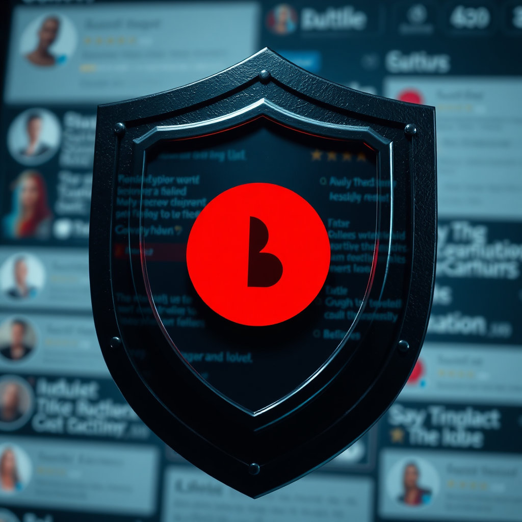 Photorealistic image. A shield protecting a brand logo from negative online reviews and comments. The shield is strong and durable, representing the protection of reputation. The brand logo is clear and visible, representing the value of brand identity. The negative reviews and comments are blurred and distorted, representing the damage they can cause. The lighting is dramatic, creating a sense of urgency and importance. The color palette is a mix of dark and light colors, representing the contrast between negative and positive feedback. The background is a blurred image of a social media feed, representing the online environment. Camera angle is a close-up, focusing on the shield and the brand logo. Style: Modern, protective, and reputable. Environment: Digital social media environment. Props: Shield.