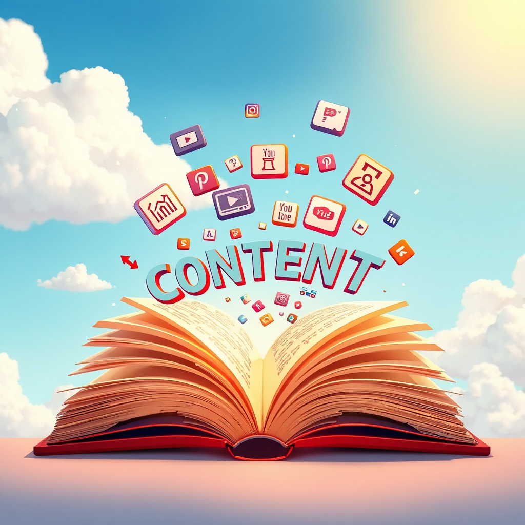 Stylized image: A giant, open book with words flying off the pages and forming into various digital icons (like a video camera, a blog post, a social media share icon). The background is a bright, sunny sky with fluffy clouds. The book has a warm, inviting glow, and the flying icons are colorful and dynamic. Focus on the creative and engaging nature of content. 4K Resolution, stylized digital art.