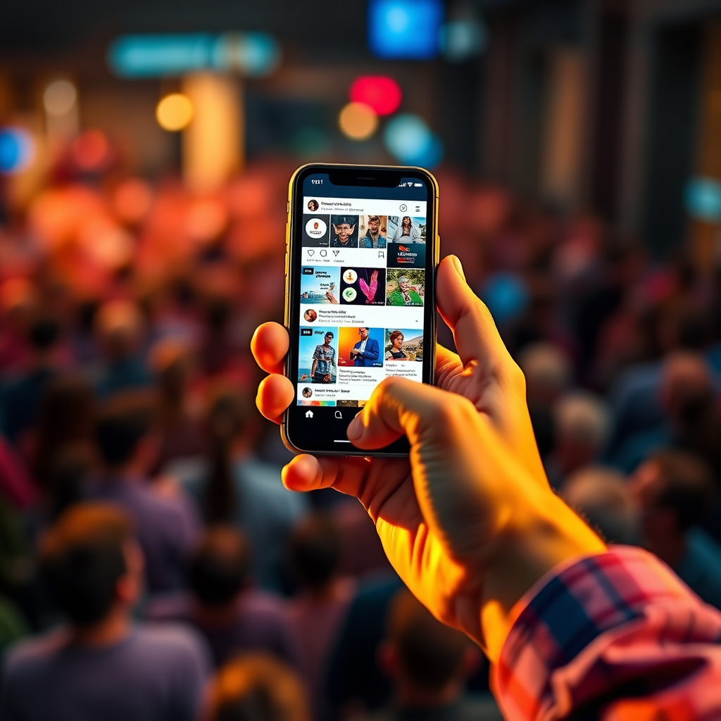 Stylized image. A hand holding a smartphone displaying a vibrant social media feed. The feed is filled with engaging content, including images, videos, and text. The hand is reaching out to connect with the audience. The lighting is warm and inviting, creating a sense of connection and engagement. The color palette is a mix of bright and bold colors, representing the diversity of social media. The background is a blurred image of a crowd of people, representing the potential audience. Camera angle is a close-up, focusing on the hand and the smartphone. Style: Modern, engaging, and social. Environment: Digital social media environment. Props: Smartphone.