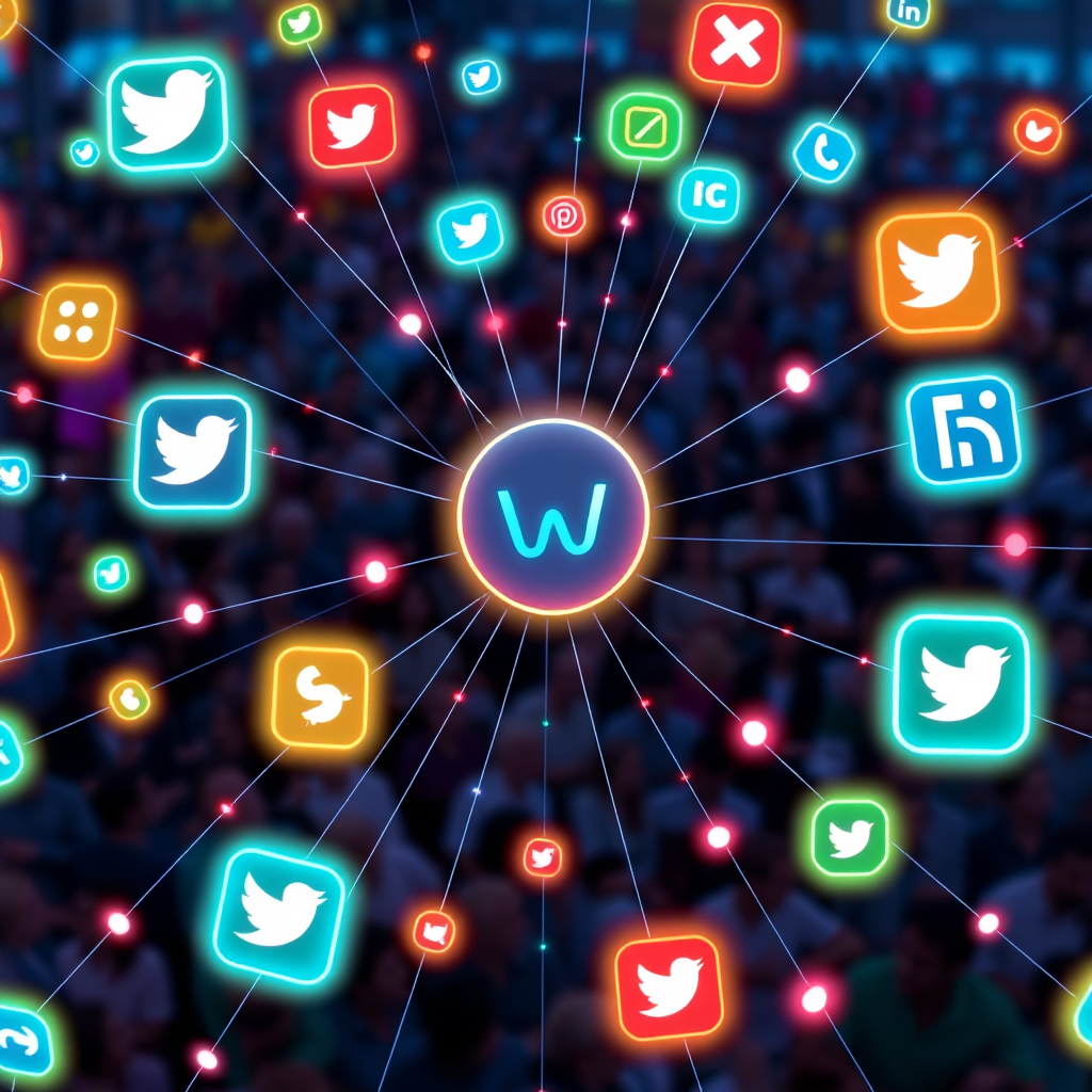 Stylized image. A network of interconnected social media icons radiating outward from a central brand logo. The icons are glowing with vibrant colors, representing the diverse range of social media platforms. The connections between the icons are strong and visible, symbolizing the interconnectedness of social media. The background is a blurred image of a crowd of people, representing the potential audience. The lighting is energetic and dynamic, creating a sense of excitement and activity. The color palette is a mix of bright and bold colors, representing the diversity of social media. Camera angle is a wide shot, capturing the entire network. Style: Modern, dynamic, and interconnected. Environment: Digital social media landscape. Props: Network connections.