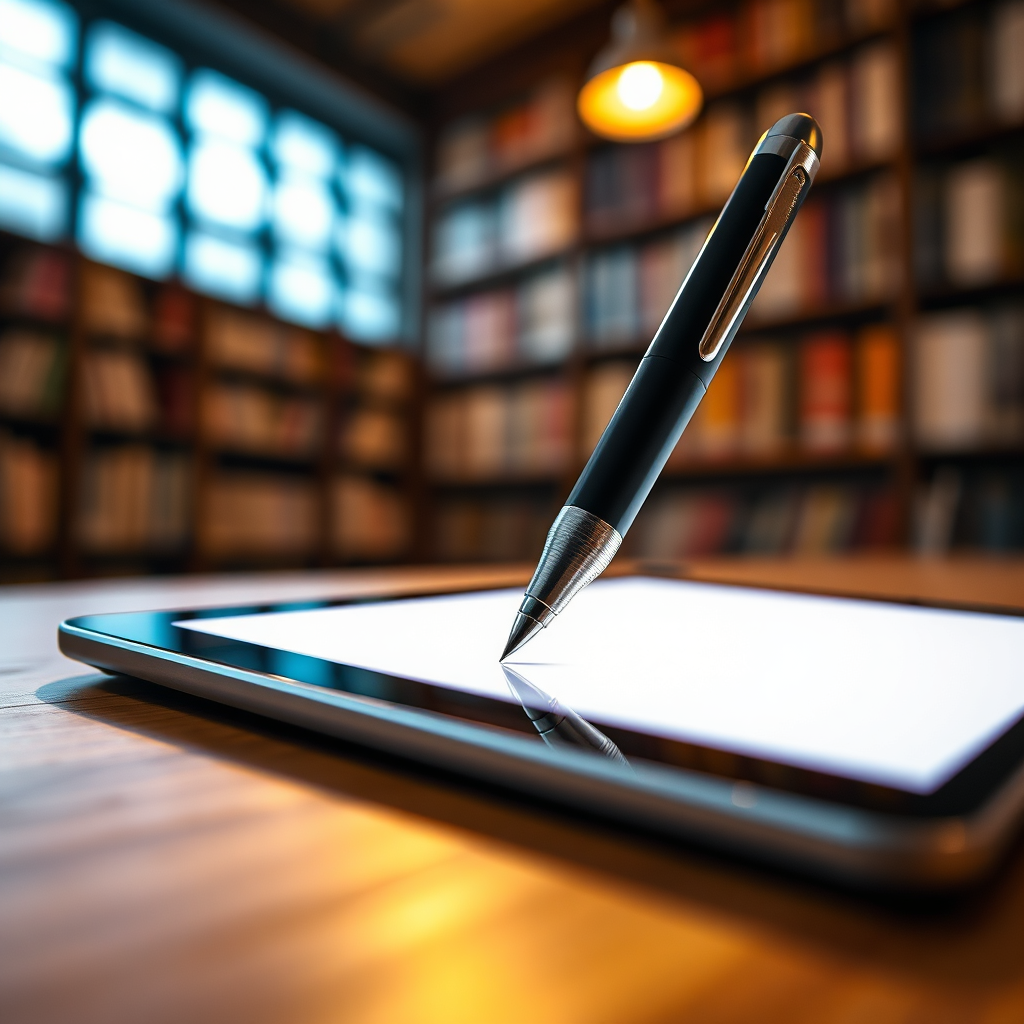 Stylized image. A pen writing on a tablet, creating a visual representation of ideas. The pen is sleek and modern, representing the creativity and professionalism of content creation. The tablet is displaying a blank page, representing the potential for new ideas. The lighting is soft and inviting, creating a sense of inspiration and creativity. The color palette is a mix of warm and cool colors, representing the balance between creativity and professionalism. The background is a blurred image of a library, representing the vast amount of knowledge available. Camera angle is a close-up, focusing on the pen and the tablet. Style: Modern, creative, and professional. Environment: Creative writing space. Props: Pen and tablet.