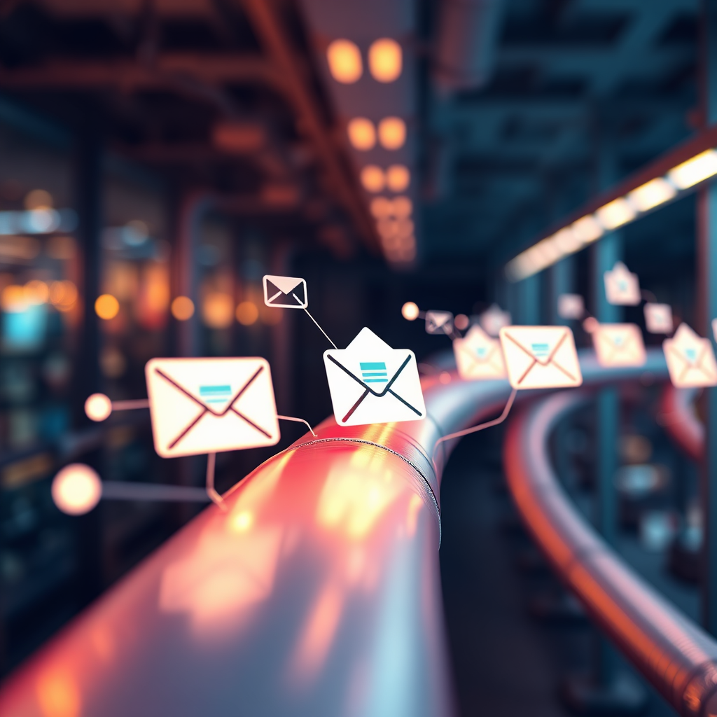 Stylized image. A series of interconnected email icons flowing through a pipeline, representing the automation of email marketing. The email icons are filled with different types of digital content (e.g., images, text, links). The pipeline is brightly lit and clean, representing the efficiency and effectiveness of email marketing automation. The background is a blurred image of a customer journey, representing the goal of email marketing. The lighting is warm and inviting, creating a sense of trust and connection. The color palette is a mix of soft and bright colors, representing the personalization and engagement of email marketing. Camera angle is a close-up, focusing on the pipeline and the email icons. Style: Modern, stylized, and automated. Environment: Digital email pipeline. Props: Email icons.
