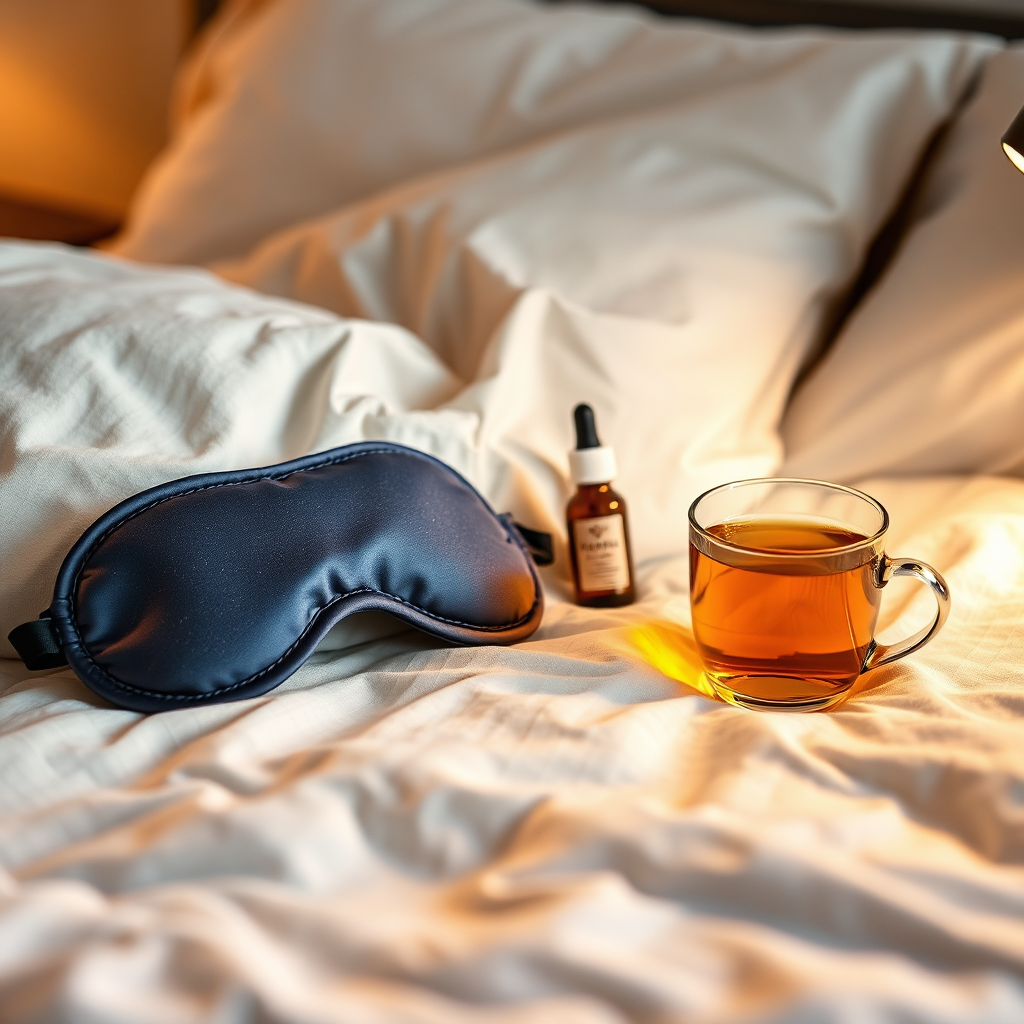 A 4K image featuring a comfortable bed with a sleep mask, aromatherapy spray, and a cup of herbal tea on the nightstand. Use soft, warm lighting to create a sense of relaxation and comfort. Focus on the textures of the bedding and the details of the sleep mask.