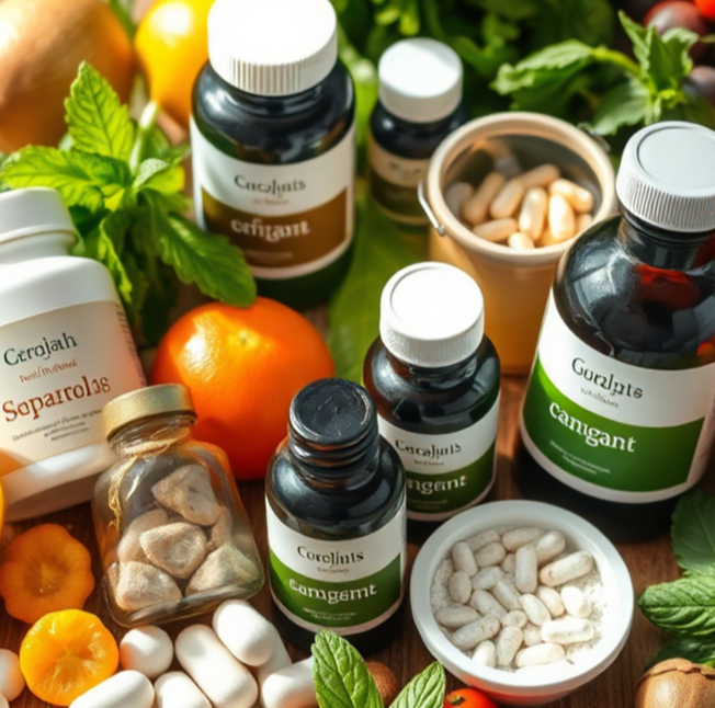 A 4K image featuring a variety of natural supplements and vitamins arranged on a wooden surface. Include elements like fresh fruits, vegetables, and herbs to emphasize the natural origin of the products. Use bright, natural lighting to create a sense of vitality.