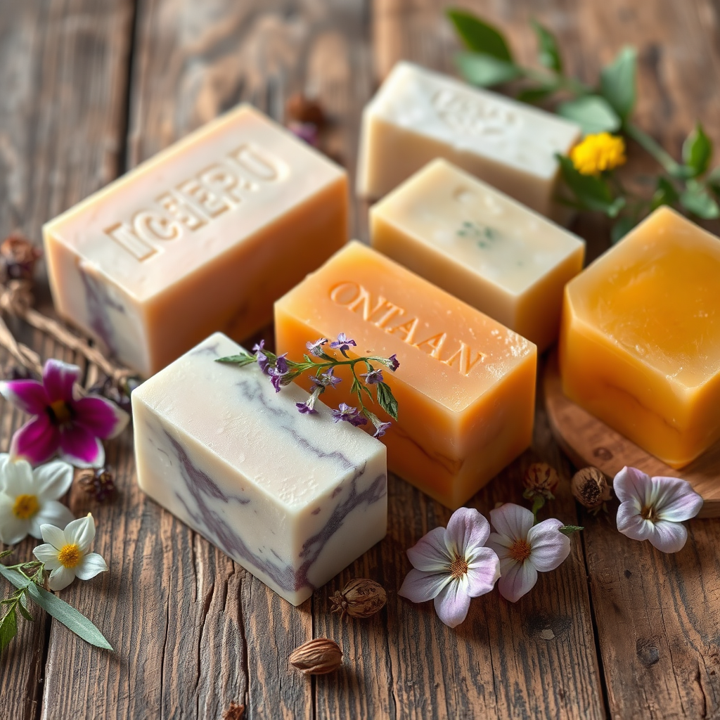 A 4K image showcasing a variety of organic soaps on a rustic wooden surface. Include elements like flowers and herbs to emphasize the natural ingredients. Focus on the textures of the soaps and the details of the wooden surface.