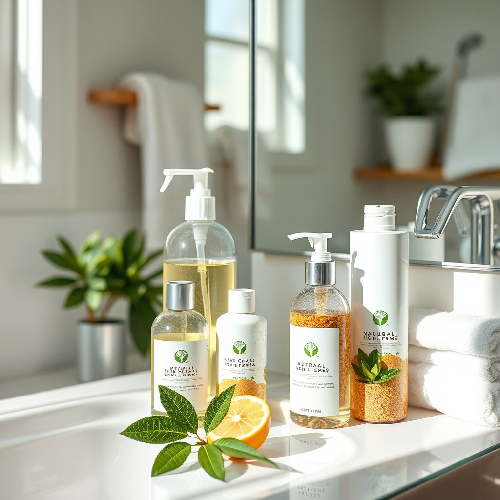 A 4K image showcasing natural cleaning products in a clean and organized bathroom setting. Emphasize the natural ingredients and eco-friendly packaging. Use bright, natural lighting to create a sense of cleanliness.