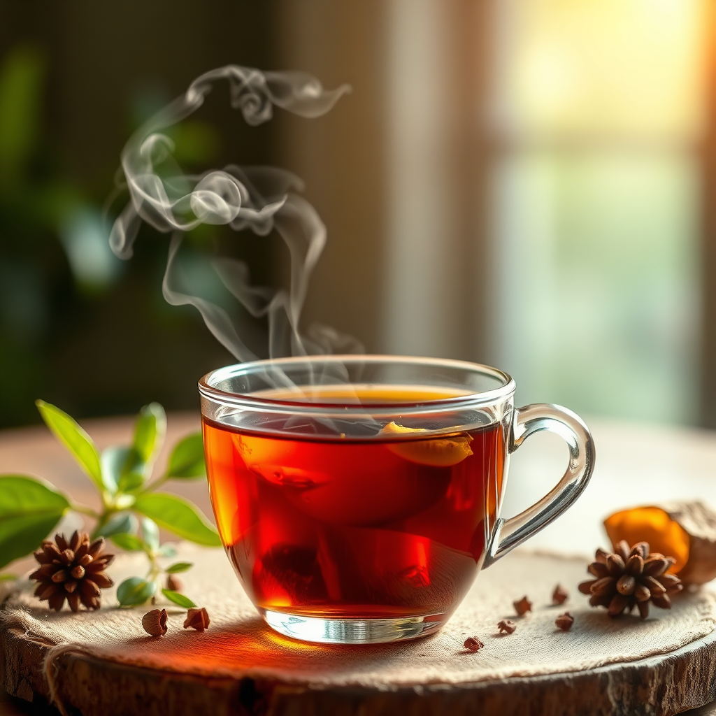 A 4K image showing a cup of herbal tea with steam rising from it. Include elements like tea leaves, herbs, and a calming background to enhance the sense of relaxation. Use soft, warm lighting.