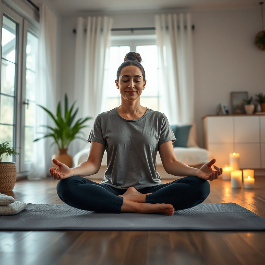 A 4K image showing a person meditating in a peaceful home environment. Include elements like a yoga mat, meditation cushion, and calming candles. Use soft, diffused lighting to create a sense of calm and serenity. Focus on the expression of peace and contentment on the person's face.