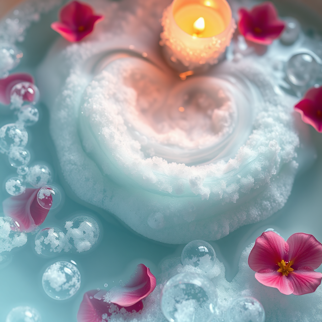 A 4K photorealistic image of bath salts dissolving in warm water, creating a swirling, colorful effect. Include elements like bubbles, flower petals, and candlelight to enhance the sense of relaxation and luxury. Focus on the textures of the water and the salts.