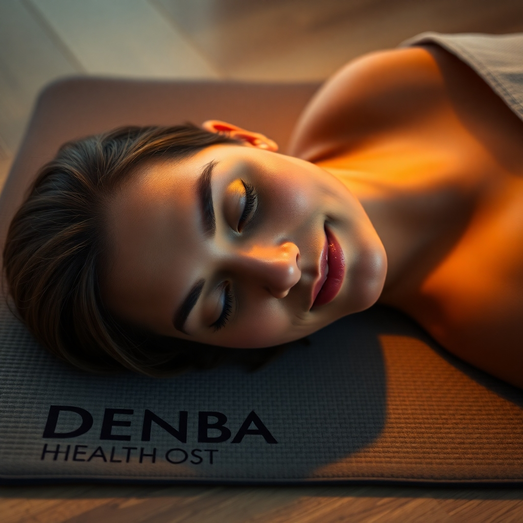 DENBAヘルスマットの上で心地よく横たわる人物のクローズアップ写真。リラックスした表情とマットから発せられるほのかな光に注目。柔らかく温かみのある照明がマットの質感を際立たせています。リラクゼーションと若返りのエッセンスを捉えています。4K、シャープフォーカス。