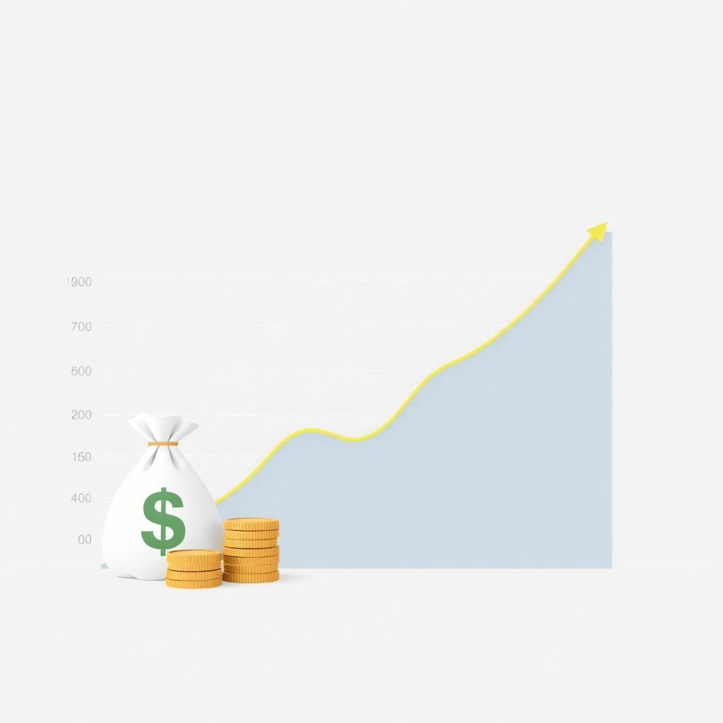 FENICEフランチャイズの着実な収益成長を視覚的に表すグラフです。上昇傾向を示す折れ線グラフを使用します。グラフは簡潔で分かりやすいものにしてください。収益を表すために、コインやお金袋などの視覚的要素を追加します。4K解像度、プロフェッショナルなデザイン。