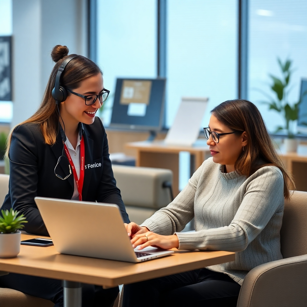 FENICEのサポートスタッフが、ノートパソコンを使ってフランチャイズ店にサポートを提供している様子を写実的に描いた画像です。2人は画面を見ながら協力し合っています。快適なオフィス環境を舞台に、チームワークとサポートを強調しています。4K解像度。