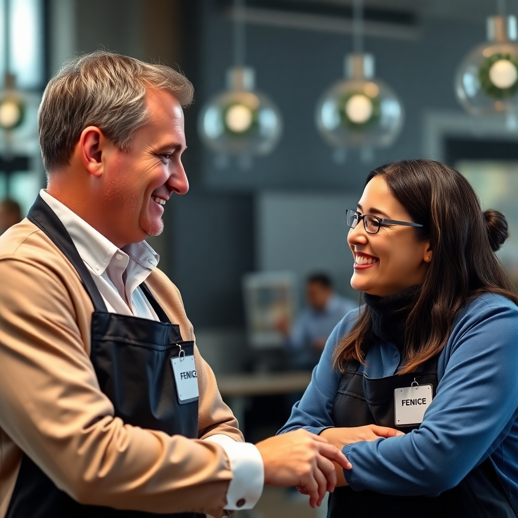 FENICEの専門家からトレーニングを受ける新規フランチャイズ加盟店のフォトリアリスティックな画像。二人とも笑顔で学習プロセスに熱心に取り組んでいます。サポートとガイダンスを強調しています。4K解像度。