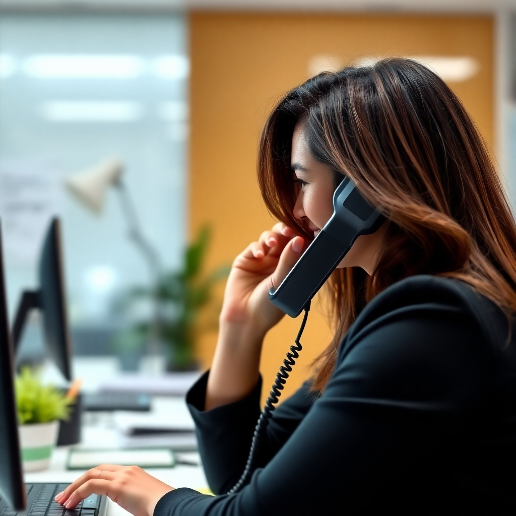 FENICEの担当者と電話で話している人物の写実的な画像です。明確でフレンドリーなコミュニケーションをアピールします。背景は清潔なオフィス環境です。4K解像度。
