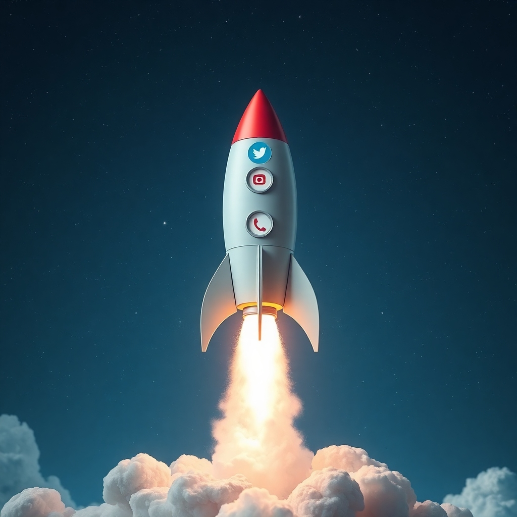 ロケットが打ち上げられるフォトリアリスティックなイメージ。ソーシャルメディアのアイコンがロケットのデザインにさりげなく組み込まれています。背景には無限の可能性と成長を象徴する星空が描かれています。このイメージは、急速な加速と前進する勢いを感じさせるはずです。