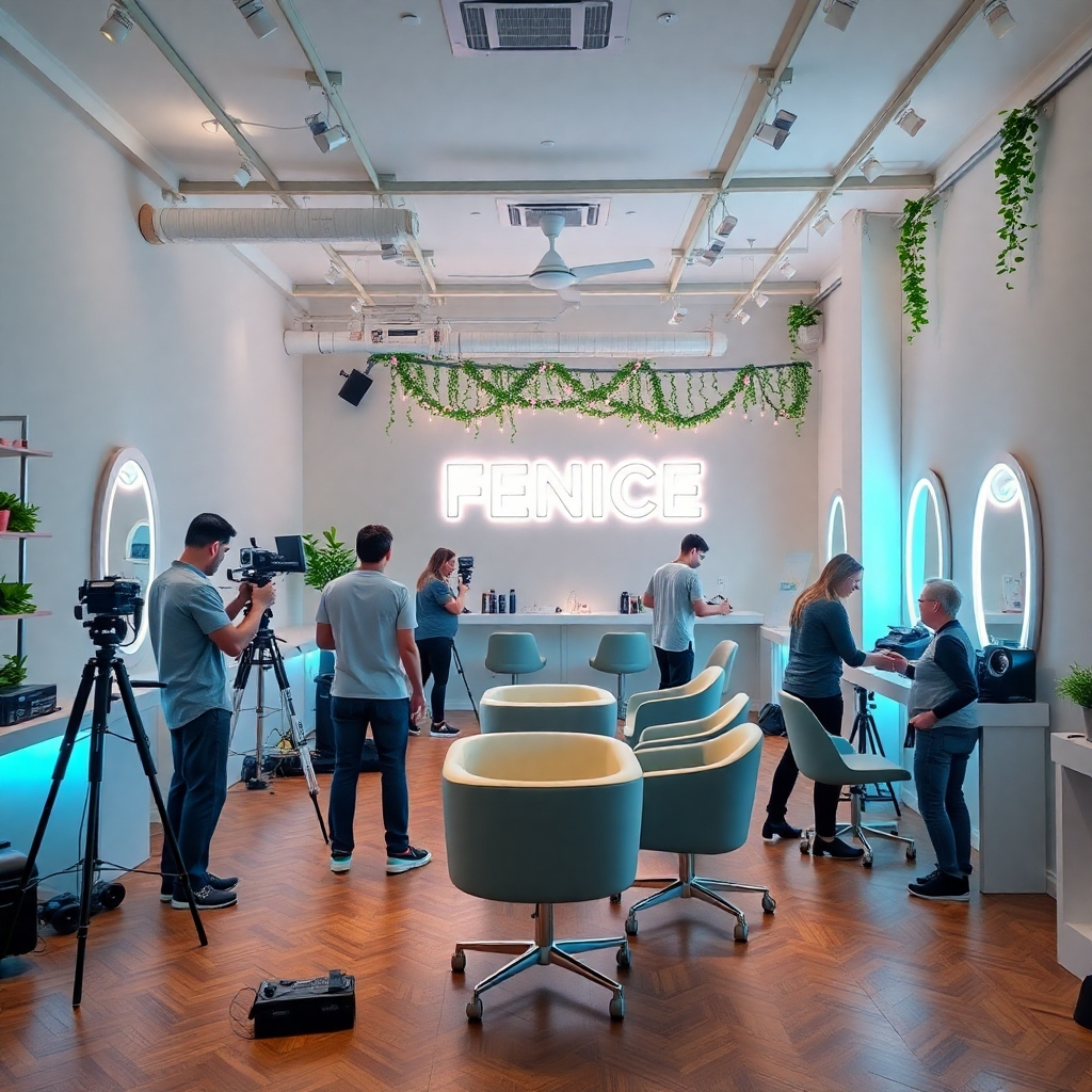 FENICEサロンのオープンに向けて準備を進める人々を写実的に捉えた画像。機器の設置や空間の装飾など、ポジティブでエネルギッシュな雰囲気を表現しています。4K解像度。