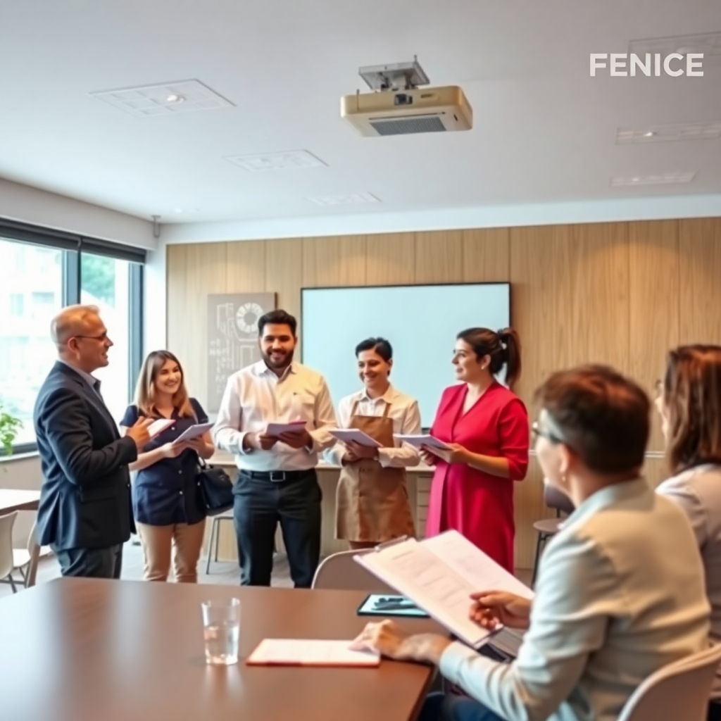 FENICEの専門家が主導するトレーニングセッションに参加するフランチャイズ加盟店のグループを写したフォトリアリスティックな画像。彼らは積極的に参加し、メモを取っています。舞台はモダンなトレーニングルーム。前向きで励みになる雰囲気。4K解像度。