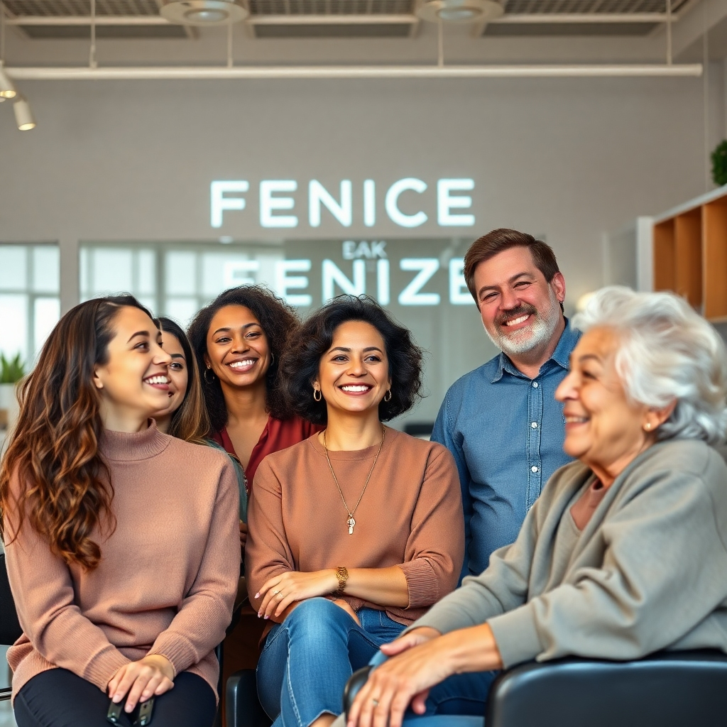 FENICEサロンで、多様な人々（若者、中年、高齢者）が前向きに交流している様子を写実的に表現した画像です。全員が笑顔でリラックスした雰囲気です。背景は清潔感がありモダンな雰囲気に。インクルーシブな雰囲気とコミュニティを表現しましょう。4K解像度。