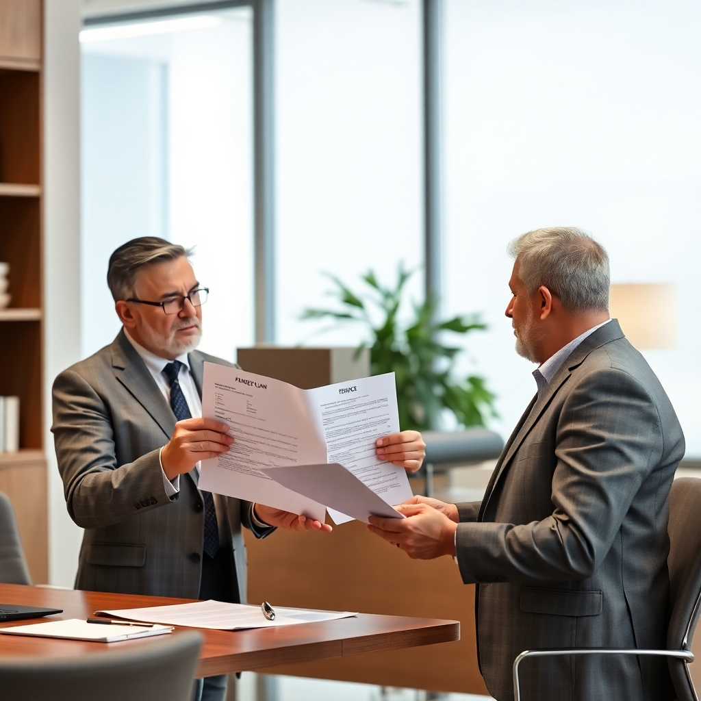 FENICEのコンサルタントが、フランチャイズ加盟希望者に事業計画を提示している様子を写実的に捉えた画像です。二人は書類を確認し、詳細について協議しています。舞台はプロフェッショナルなオフィス。4K解像度。