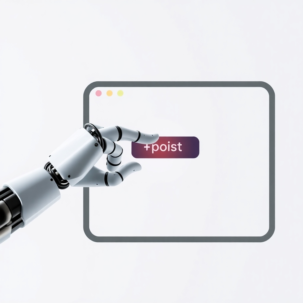 ロボットアームが、スタイリッシュなソーシャルメディアインターフェース上の「投稿」ボタンを優しく押す様子。背景はシンプルでミニマルなデザインで、投稿プロセスの手軽さと自動化を強調しています。この画像は、投稿が簡単に行えることを想起させるものでなければなりません。