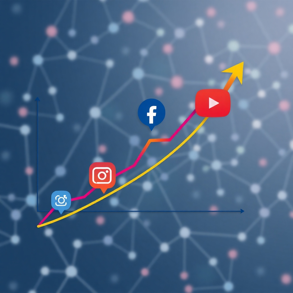 様々なソーシャルメディアプラットフォーム（Instagram、Facebook、YouTube）におけるフォロワー数の急激な増加を示す、様式化されたグラフです。グラフは鮮やかでダイナミックな表現で、カラフルな線が各プラットフォームを表しています。背景には、成長するコミュニティを象徴する、相互接続されたノードのネットワークが描かれています。この画像は、急速かつ持続的な成長を想起させるはずです。