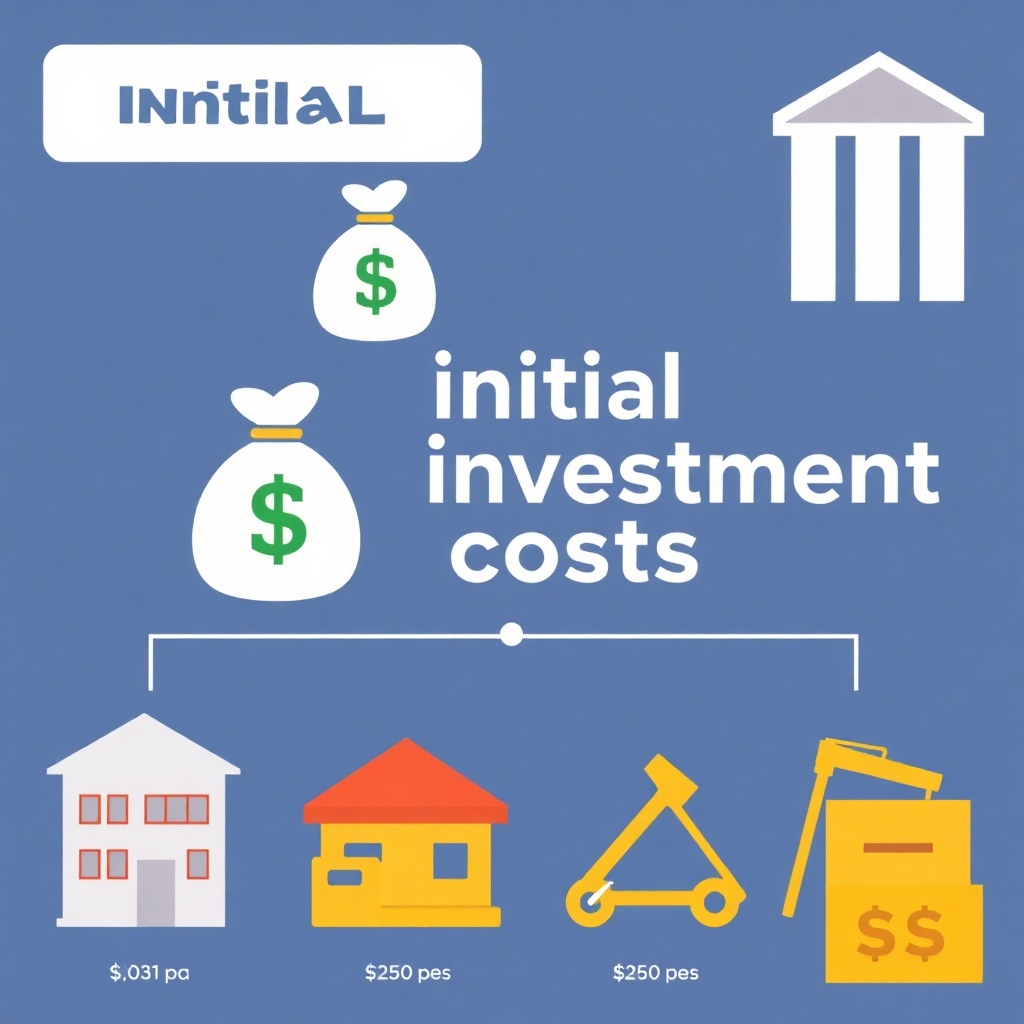 初期投資コストを表すスタイリッシュなグラフィック。お金袋、建物、設備などのアイコンを用いて、様々な費用を象徴的に表現しています。明瞭で分かりやすいビジュアル。4K解像度。