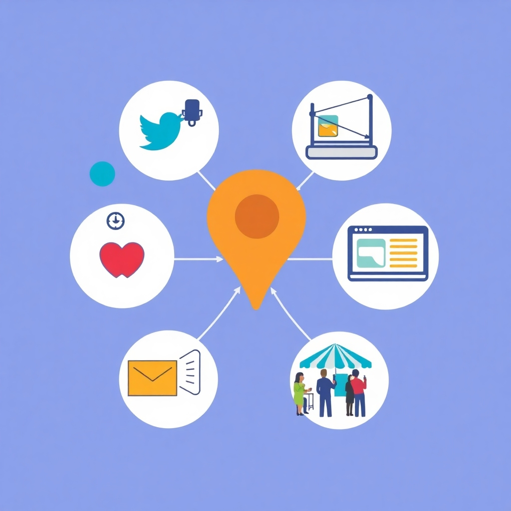 ソーシャルメディア、オンライン広告、地域イベントなど、様々なマーケティングチャネルを表現したスタイリッシュなグラフィック。これらのチャネルをどのように活用して顧客を獲得できるかを示します。すっきりとしたデザイン、鮮やかな色彩、4K解像度。