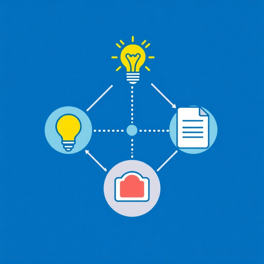 知識と専門知識の伝達を表現したスタイリッシュなグラフィック。電球、脳、書類などのアイコンを用いて、情報と学習を象徴します。アイコンを線で繋ぎ、知識の流れを表現します。すっきりとしたデザイン、鮮やかな色彩、4K解像度。